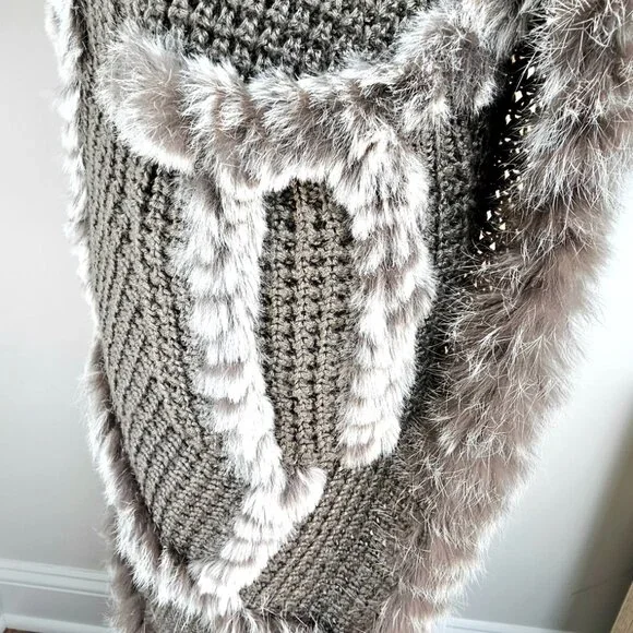 Dolce Cabo | Rabbit Fur Trim Open Knit Wrap Cardigan | Sage | Size L - Picture 6 of 12